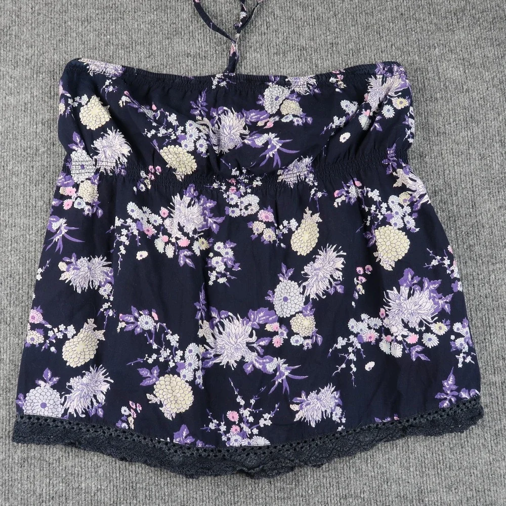 BB Dakota Top Womens XL Navy Blue Purple Floral Print Halter Cotton Summer Boho - Picture 2 of 11